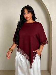 Rustia Plus Size Women Solid Color Contrast Lace Round Neck Asymmetric Hem Loose Casual T-Shirt - Burgundy - View 6