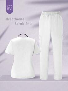 TaskEZ Scrubs Set: V-Neck Short Sleeve Top & Pants Scrub Uniform For Healthcare Workers - White - View 2