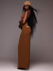 MUSERA Chiffon Open Back Boat Neck Maxi Dress With Trim Detailing Bohemian Boho Summer Vacation Festival Ibiza Elegant Y2k Trinket Coffee Brown - Rust Brown - View 3
