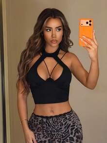 SHEIN ICON Cut Out Front Halter Black Corset Top Club Night Out Summer Sexy - Black - View 7