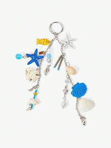 Viva Strut 1 pieza Llavero con cuentas estilo brisa marina, colgante con imitación de estrella de mar y conchas con flecos, colgante para bolso de vacaciones. - Azul - Ver 7