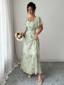 Modelyn 女士雪纺蝴蝶印花蝙蝠袖褶皱甜美法式夏季连衣裙 - 綠色 - 查看 5