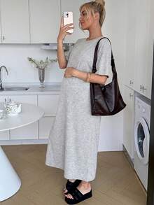 Slowluna 孕婦休閒日常通勤素色寬鬆落肩T恤洋裝 - 淺灰色 - 查看 3