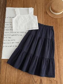 Emery Rose Kids Emery Rose Kids 2pcs Young Girl Woven Solid Color Square Neck Ruffle Trim Casual Camisole And Long Pants Set - Navy Blue - View 2