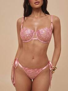 Silquee 2pcs Sky Blue Embroidered Lace-Up Lingerie Set For Women - Watermelon Pink - View 5