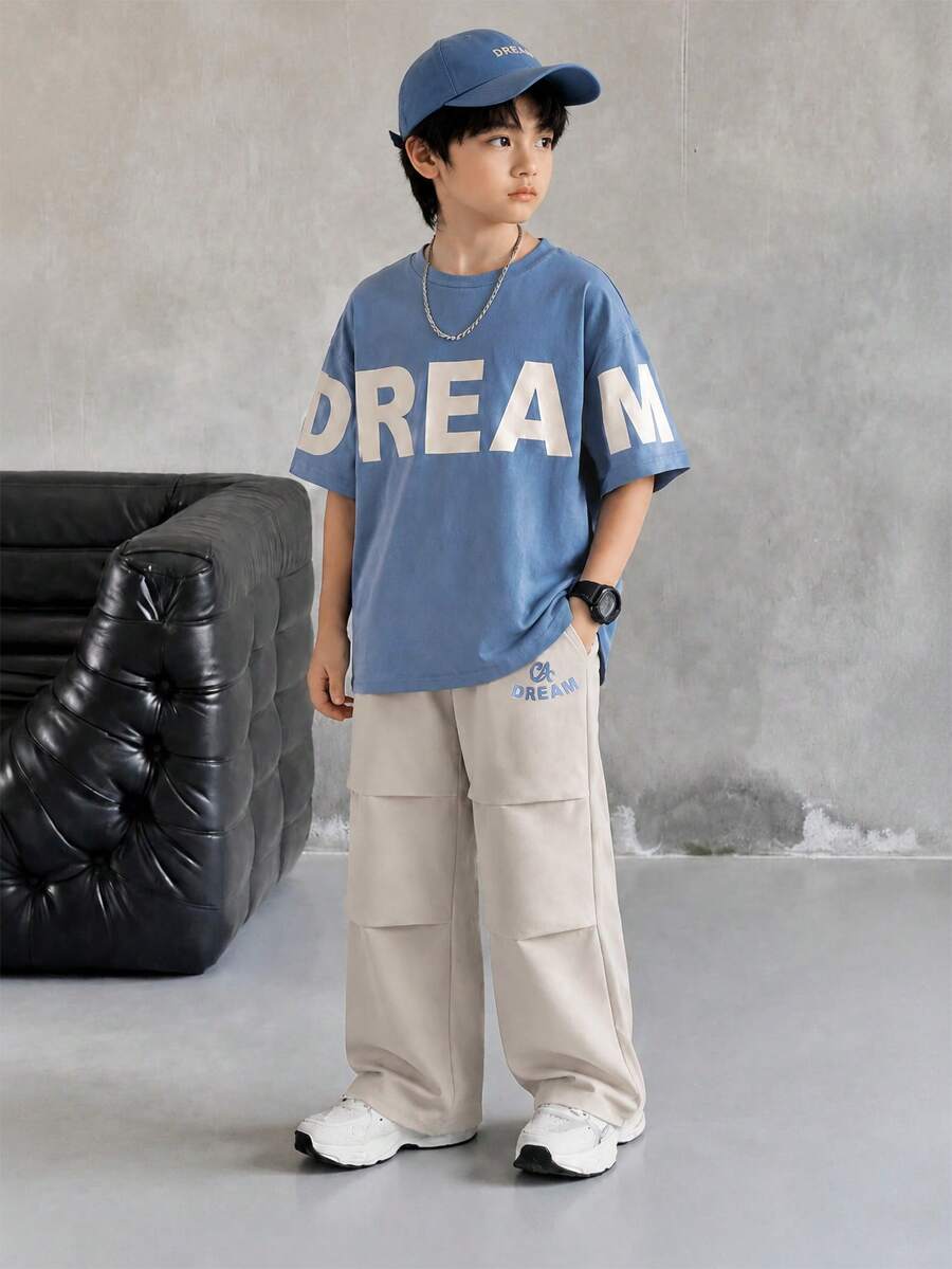 SHEIN 2pcs Tween Boy Letter Print Short Sleeve T-Shirt And Shorts Casual Set - Multicolor - View 1