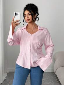 Elenzga Áo sơ mi kẻ sọc cài nút phía trước dáng ôm vừa vặn cho nữ cỡ lớn - Nhiều màu - Xem 1