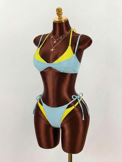 Amplova Dames badpak set, faux tweedelig, magenta en geel contrastkleur, sexy en avant-garde, geschikt voor strandvakantie