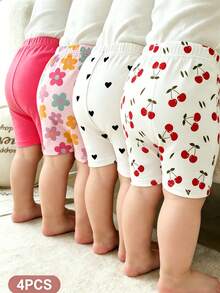 SHEIN Playful Pals 4件套女童/幼儿柔软可爱韩版简约百搭印花短裤，包含纯色、花卉、爱心、樱桃图案，轻盈弹力面料，适合春、夏、秋季日常穿着、外出及叠穿。 - 彩色 - 查看 3