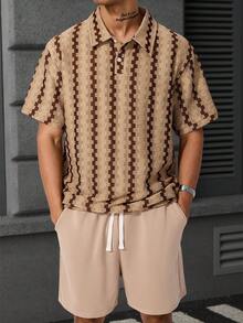 Manfinity Homme Men's Summer Casual Vacation & Commute Contrast Color Short Sleeve Polo Shirt And Drawstring Waist Shorts Set - Brown - View 3