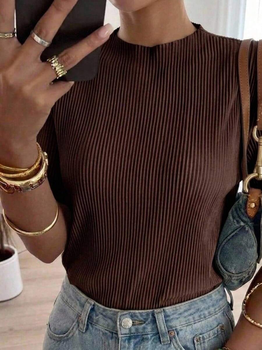 DAZY Ladies' Solid Color Pleated Short Sleeve T-Shirt Sheer School - Coffee Brown - View 1