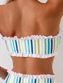 Swim Mod Spring/Summer Beach Vacation Striped Print 2 Pieces Set, Ruched Neckline, Ruffled Hem Pants - Multicolor - View 5