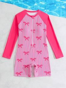 SHEIN 少女连体泳衣，可爱粉色条纹蝴蝶结针织面料长袖拉链连体裤，时尚休闲优雅女士款，适合游泳、夏季度假、海滩、泳池、节日派对 - 玫紅色 - 查看 5