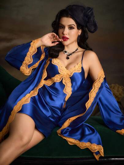 PinupPomp Women's Contrast Color Spaghetti Strap Lace Patchwork Sexy Lingerie Set