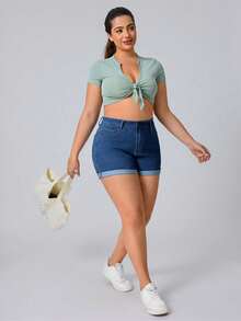 SHEIN Essnce Plus Size Women Dusty Blue Denim Elastic Sexy Fashion Shorts Date Night Summer - Medium Wash - View 5