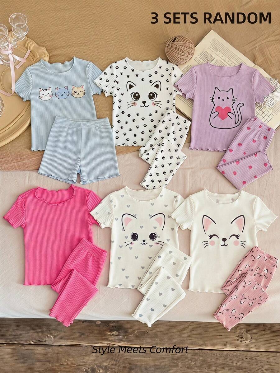 SHEIN LMoss Kids Heart Pattern Ruffle Trim Round Neck Short Sleeve Pajama Set, 6 Pieces, Comfortable & Skin-Friendly - Multicolor - View 1