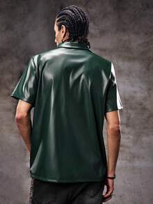 Skyrend Men's Loose Fit PU Leather Front Zip Short Sleeve Shirt, Streetwear Inspiredemo Grunge - Olive Green - View 2