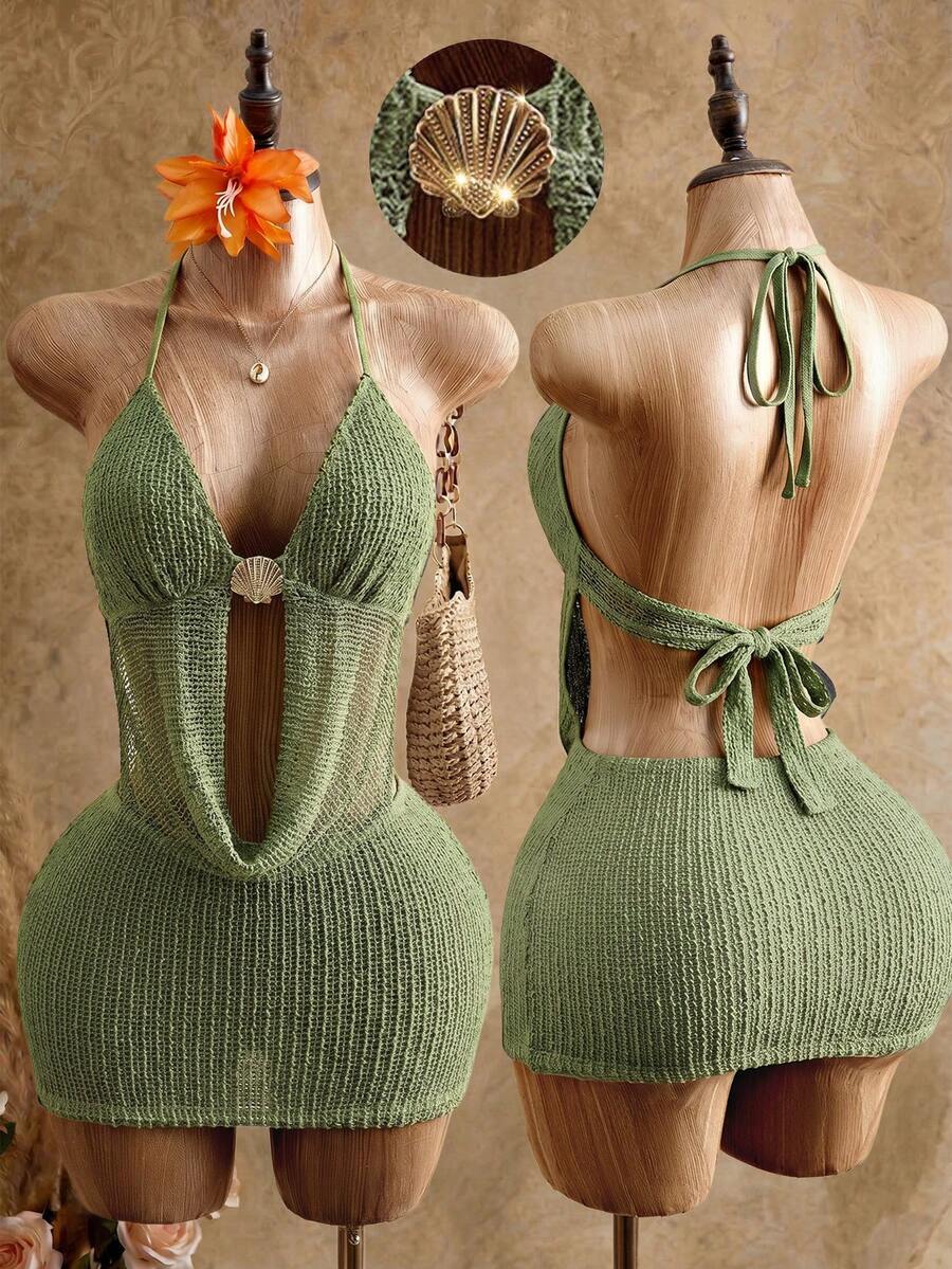 Mistrie Women's Solid Color Halter Backless Twist Drape Fitted Dress Beach Vacation Sage Green Summer Casual - Green - View 1
