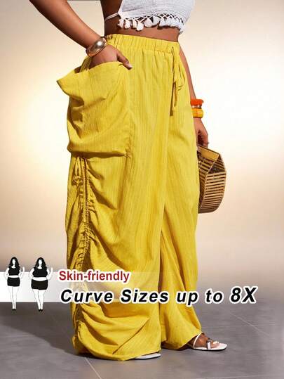 SHEIN CURVE+ Plus Size Loose Drawstring Waist Wide Leg Pants, Casual Summer Vacation Wear, Suitable For Music Festivals, Western Style, Nomadic Style, Birthday Parties, Graduation Season, Student Outfits, Daily Casual, Versatile All-Match, Leisure, Vacation, Cruise Travel, Beach, Sunbathing, Popular Plus Size Style, Vacation Casual, Solid Color - Yellow