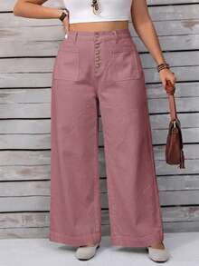 EMERY ROSE Plus Size Women Loose Button Front Wide Leg Casual Jeans - Dusty Pink - View 5