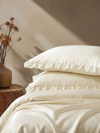 1 Pair Satin Ruffled Pillowcase (1 Pair = 2 Pcs) - Lustrous Satin Pillowcase, Luxurious Silky Soft, Breathable, Envelope Closure, No Filling - Suitable For Home, Dorm, Sofa, Car, Oeko-Tex Certified, Great Gift For Mom, Light White