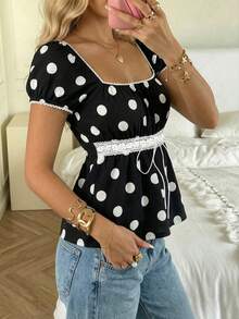 CovetEZ Trang phục mùa hè: Áo thun cổ vuông tay cánh hoa thắt nơ phía trước. - Đen và trắng - Xem 3