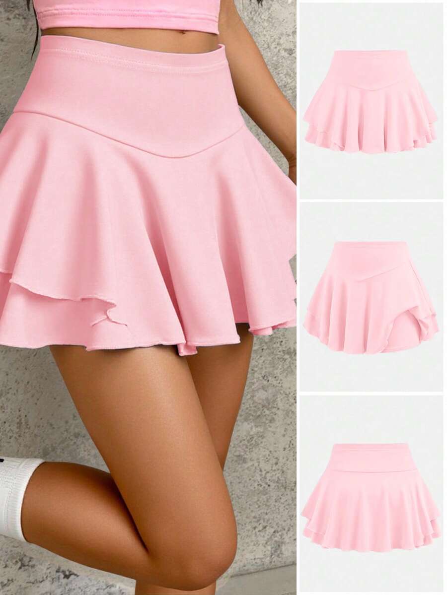 SHEIN 女童柔软舒适纯色休闲裙 - 粉色 - 查看 1