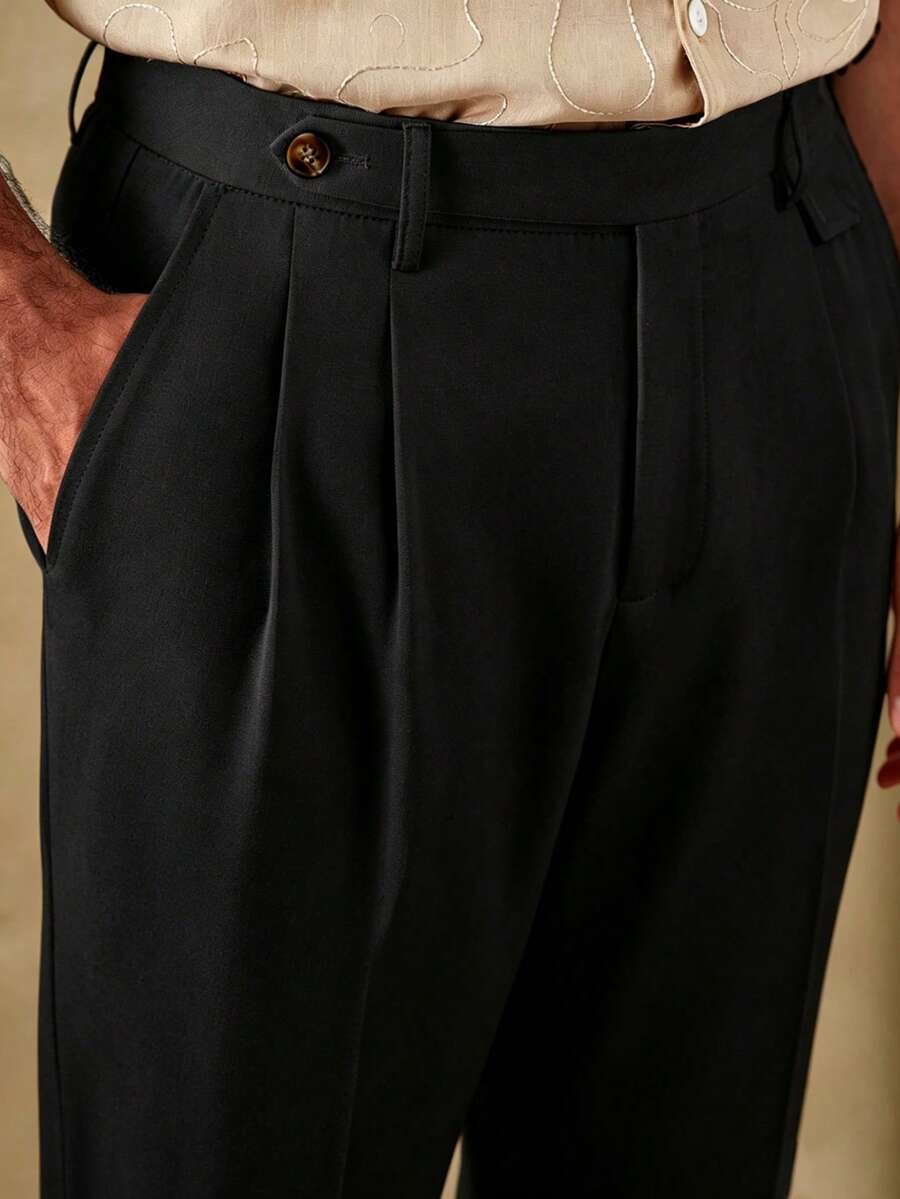 Core Aspect Men's White Linen Casual Pants With Belt Loops And Zipper, Cropped Length - Black - View 1