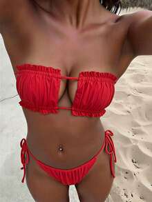 Swim Basics Reversible Bandeau (Backless Tie) High Leg Side Tie Bikini Swimwear Set - Red - View 1