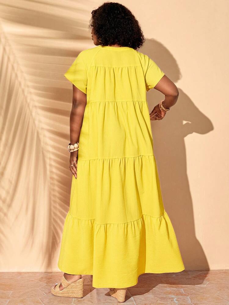 Plus Size Women Textured Solid Color Ruffle Hem Vacation Dress Summer Summer Outfit For Women Festival Outfits For Women Beach Outfits For Women Vacation Outfits Women Holiday Outfits  For Women