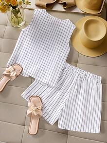 SHEIN Casual Fashion Striped Woven Fabric Vest Top And Elastic Waist Loose Shorts Set, Suitable For Teen Girls In Summer For Daily, Commuting, Outdoor, Party And Photo Shooting - White - View 2