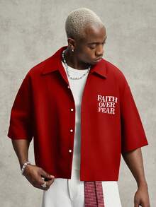 PAVTROS Men's Striped Letter Print Pocket Short Sleeve Shirt - Red - View 2