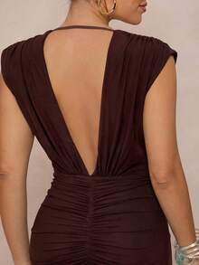 Lumalex V-Neck Mesh Soft Flowing Ribbon Waist Mermaid Hem Dress With Shell Metal Decor For Women - Coffee Brown - View 7