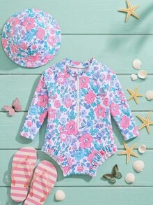 SHEIN Bộ đồ bơi liền thân tay dài in hoa cho trẻ sơ sinh - Hồng - Xem 6