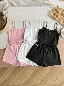 SHEIN 3件組 青少女夏季休閒日常通勤素色吊帶背心與短褲套裝 - 彩色 - 查看 6