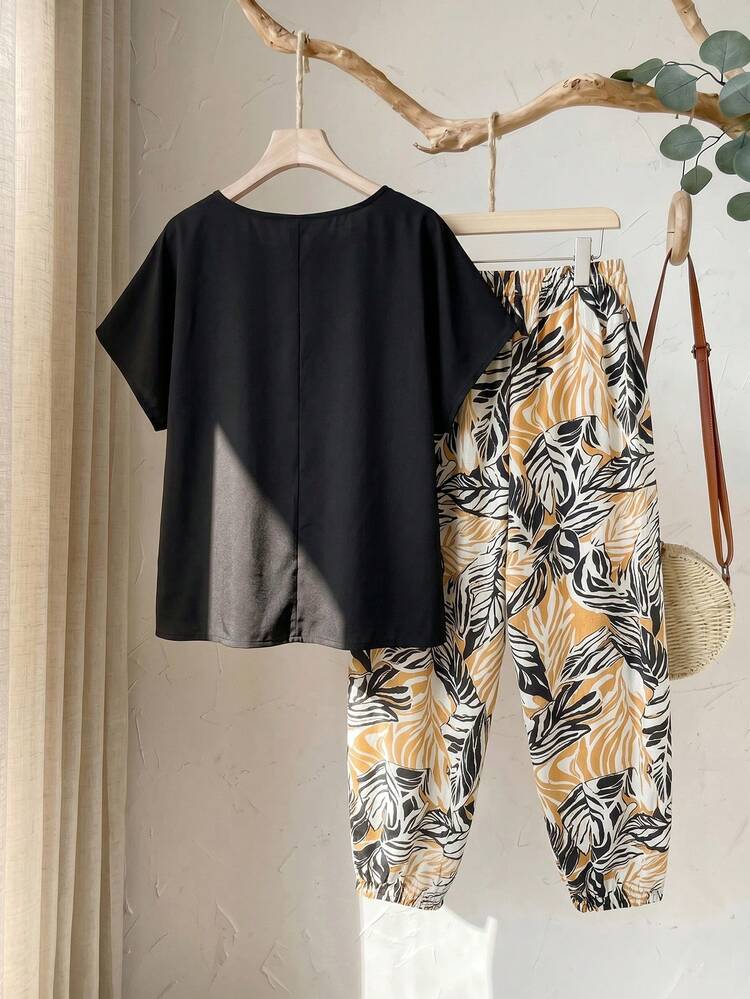 Plus Size Crew Neck Short Sleeve Casual Summer Comfortable 2 Pieces Set Beach Outfit For Women