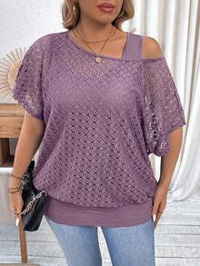 Linhara CURVE Áo khoác ngoài size lớn bằng vải ren rỗng, vai bất đối xứng, có lớp lót camisole tương phản, 2 trong 1, eo thắt, cổ tròn, phong cách thường ngày cho nữ, phù hợp đi chơi, du lịch và đi làm - Bụi tím - Xem 5