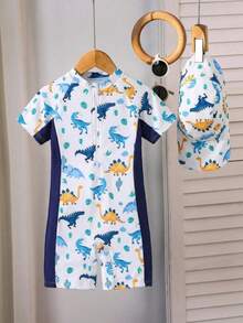 SHEIN 1pc Young Boys Cute Casual Cartoon Dinosaur Print Color Block Long Sleeve Rash Guard & Hat Set, Suitable For Beach, Pool, Spring/Summer - Multicolor - View 6