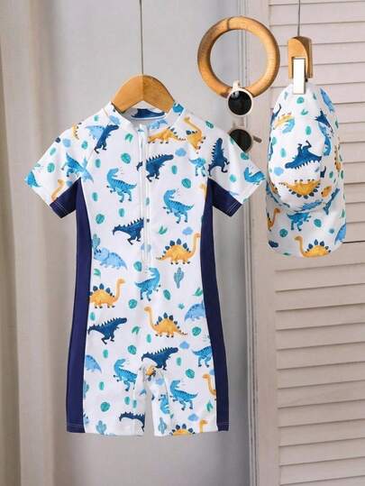 SHEIN 1pc Young Boys Cute Casual Cartoon Dinosaur Print Color Block Long Sleeve Rash Guard & Hat Set, Suitable For Beach, Pool, Spring/Summer