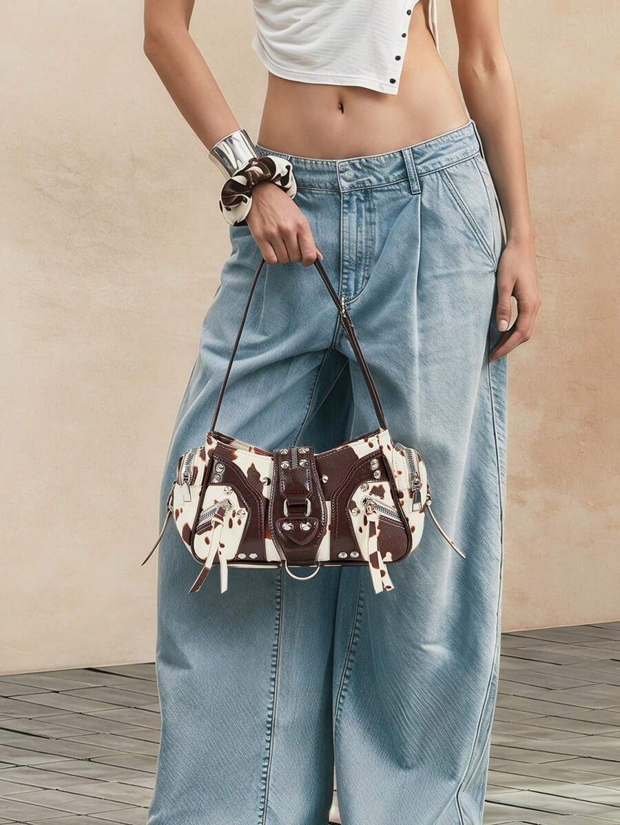 Viva Strut 女士单肩包,流浪包,奶牛纹,动物纹,人造革,时尚,个性化,简约,百搭,街头风,甜美酷女孩,性感女孩,Y2K,铆钉,机车风,朋克,青少年,新款女士手提包,哥特风(随机图案) - 奶牛 - 查看 1