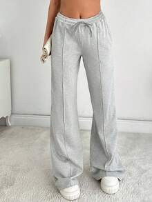 SHEIN Tall بنطال رياضي مستقيم الخصر المتوسط بلون موحد للنساء الطويلات - رمادي - مشاهدة 3