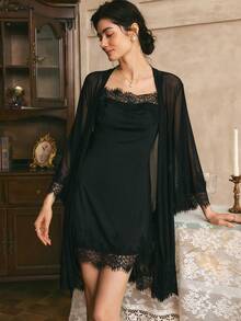Côtesoire Southern France Elegant Sexy Camisole Dress Robe Women Sleepwear 2 Pieces Set - Black - View 2