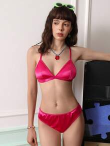 Chillnights Women's Solid Color Spaghetti Strap Fashion Triangle Cup Bra Set - Hot Pink - View 4