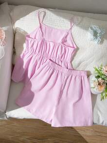 SHEIN 2件組青少年女孩時尚新款春夏休閒雪紡櫻桃數位印花吊帶上衣與數位印花鬆緊腰短褲，日常/度假穿搭 - 粉色 - 查看 2