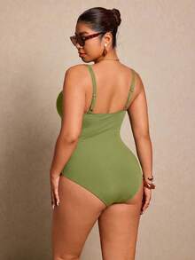 Elaquor Plus Size One-Piece Swimsuit With Shell & Starfish Pendant - Army Green - View 2