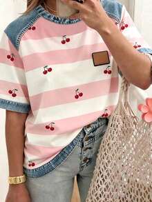 SHEIN CURVE+ 女款條紋拼接圓領短袖休閒百搭T恤 - 彩色 - 查看 3