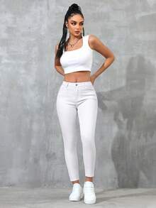 SHEIN Essnce 女士时尚纯色斜插口袋弹力修身牛仔裤 - 白色 - 查看 5