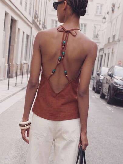 Maija Blusa de verano con escote trasero rojo, decoración de perlas, casual y cómoda, estilo relajado y chic para la playa