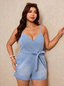 Elaquor Plus Size Women's Light Blue Summer Denim Romper,Smart Casual V-Neck Strapless Tie-Waist Jumpsuit,Vacation Breathable Cotton Cropped Denim Outfits - Blue - View 5