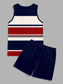 Azurnel Men's Retro American Colorblock Striped Casual Fitted Tank Top & Shorts Set, Holiday - Navy Blue - View 3